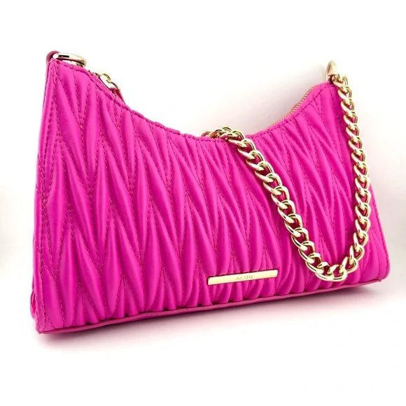 Aldo Hot Pink Quilted Chain Shoulder Bag w/ Coin Pouch & Removable Guitar Strap - Picture 1 of 10